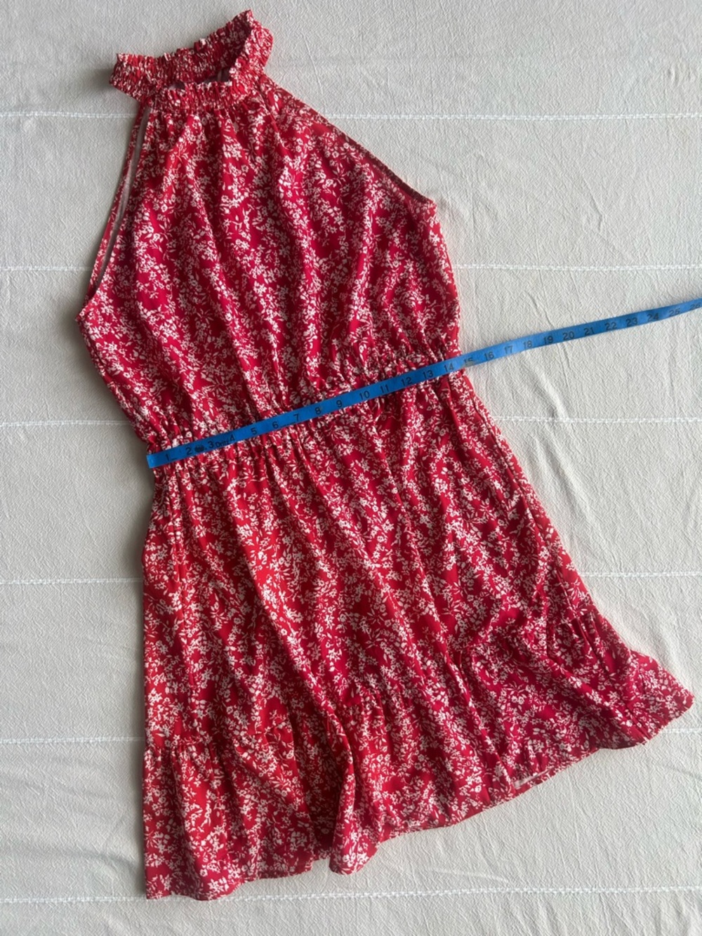 Red Floral Halter-Neck Women's Dress with Elastic Waist